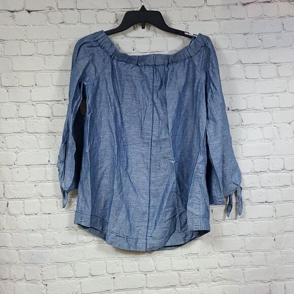 Free People Blue Linen Bow Sleeve Off the Shoulder Chambray Blouse Casual Top - Picture 6 of 8